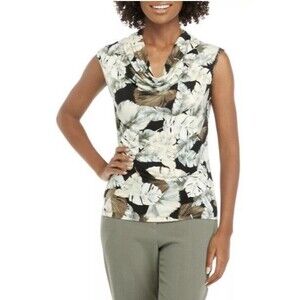 Kasper Women Printed Cowl Neck Top Blouse Size XL Black Cream Brown Gray Leaves